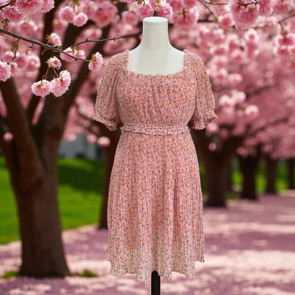 Beyond Words Pink Floral Puff Sleeve Cottagecore Spring Summer Dress XL‎